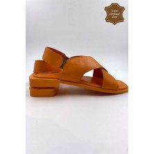 Melen Shoes PureSole Hakiki Deri Turuncu Küt Burun Sandalet