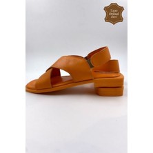 Melen Shoes PureSole Hakiki Deri Turuncu Küt Burun Sandalet