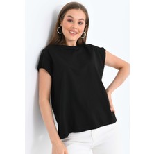 Moviment Kadın Siyah Düşük Kol Pamuklu Örme T-Shirt