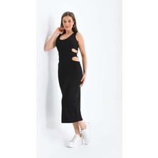 Moviment Kadın Siyah Bel Detaylı Vücudu Saran Midi Örme Elbise