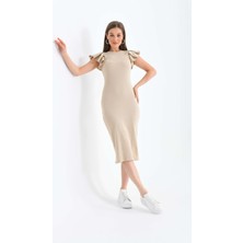 Moviment  Kadın Taş Bisiklet Yaka Kolları Fırfırlı Fitilli Esnek Midi Örme Elbise