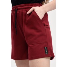 Defy's Kadın Beli Lastikli Cepli Etiket Detaylı Regular Fit Şort Bordo