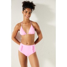 Basic Yüksek Bel Fırfırlı Pembe Bikini Altı