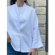 Kinua Studio Mevsimlik Çıtçıtlı Yumuşak Dokulu Kadın Erkek Kimono Ceket Beyaz
