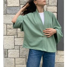 Kinua Studio Mevsimlik Çıtçıtlı Yumuşak Dokulu Kadın Erkek Kimono Ceket Yeşil