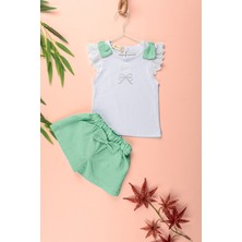 Novy Baby Fiyonklu Fisto Kollu Taş Baskılı Tshirt Fiyonklu Şort Kız Çocuk 2'li Takım - 2-5 Yaş - 2304