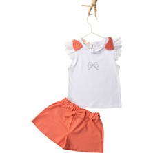 Novy Baby Fiyonklu Fisto Kollu Taş Baskılı Tshirt Fiyonklu Şort Kız Çocuk 2'li Takım - 2-5 Yaş - 2304