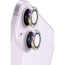 Kzy Apple iPhone 13 Mini ile Uyumlu Rainbow Taşlı Tasarım Temperli Cam Kamera Lens Koruyucu