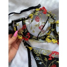 Mj Butik Bella Çiçekli Siyah Bralette Takım