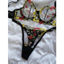 Mj Butik Bella Çiçekli Siyah Bralette Takım