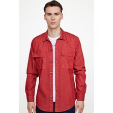 Tudors Slim Fit Denim Çift Cep Kapaklı Metal Düğme Erkek Kırmızı Gömlek