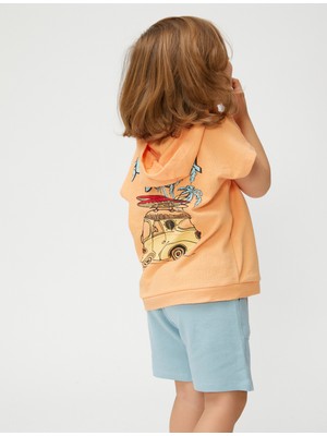 Koton Kapşonlu Sweatshirt Havlu Kumaş Kısa Kollu Arkası Baskılı Pamuklu