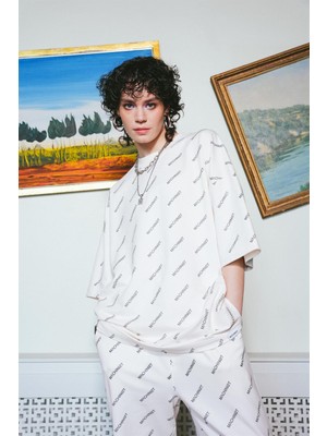 Machinist Oversize Unisex Machinist Baskili T-Shirt Krem