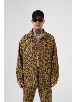 Machinist Oversıze Desenli Denim Kot Ceket / Leopar Desen