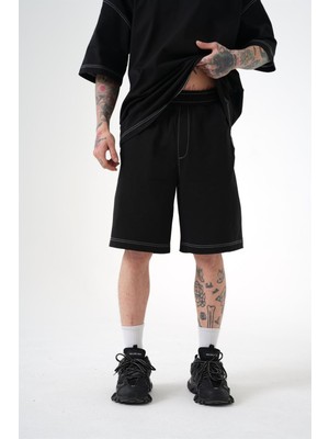 Machinist Oversıze Premium Sewıng Şort Siyah