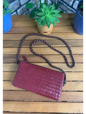 Guard El Örgüsü Küçük Boy Kırmızı Hakiki Deri Kadın Çantası