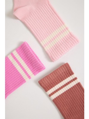 Katia & Bony 3 lü Paket Şeritli Kız Çocuk Soket Çorap Pembe Desenli