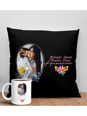Bk Gift Kişiye Özel Fotoğraflı Anneler Günü Tasarımlı Siyah Kırlent Yastık ve Kupa Seti, Anneye Hediye, Ev Dekorasyonu, Anneler Günü Hediyesi-1