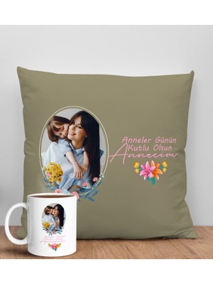 Bk Gift Kişiye Özel Fotoğraflı Anneler Günü Tasarımlı Haki Kırlent Yastık ve Kupa Seti, Anneye Hediye, Ev Dekorasyonu, Anneler Günü Hediyesi-1