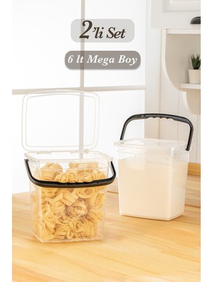 Meleni Home Un ve Bakliyat Erzak Kabı Çok Amaçlı Kapaklı Kulplu Deterjan Saklama Kabı 6 Lt - 2 Adet