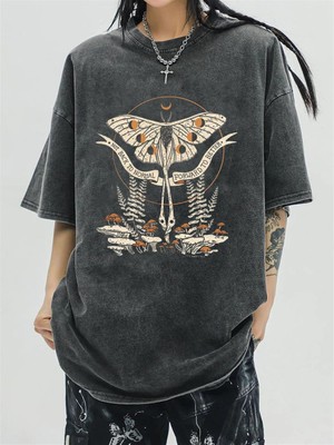 Touz Moda  Butterfly & Mushrooms Yıkmalı  Eskitme T-Shirt