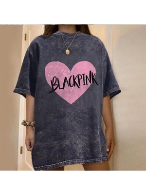 Touz Moda  Yıkamalı Black Pink Heart  Eskitme T-Shirt