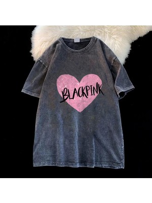 Touz Moda  Yıkamalı Black Pink Heart  Eskitme T-Shirt