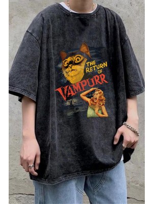 Touz Moda Yıkamalı The Return Of Vampurr Baskılı  Oversize Eskitme T-Shirt