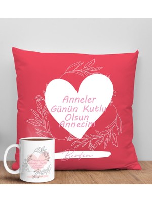 Bk Gift Kişiye Özel Isimli Anneler Günü Tasarımlı Kırmızı Kırlent Yastık ve Kupa Seti, Anneye Hediye, Ev Dekorasyonu, Anneler Günü Hediyesi-2