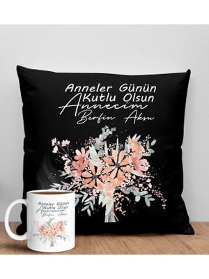 Bk Gift Kişiye Özel Isimli Anneler Günü Tasarımlı Siyah Kırlent Yastık ve Kupa Seti, Anneye Hediye, Ev Dekorasyonu, Anneler Günü Hediyesi-9