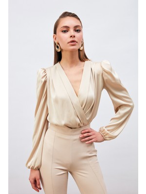 Sateen Kruvaze Saten Bodysuit Bluz - Taş
