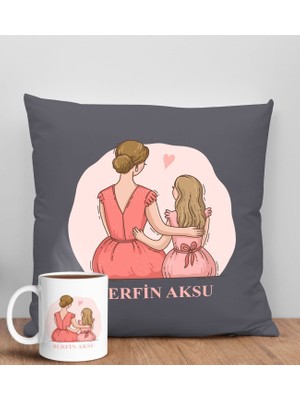 Bk Gift Kişiye Özel Isimli Anneler Günü Tasarımlı Antrasit Kırlent Yastık ve Kupa Seti, Anneye Hediye, Ev Dekorasyonu, Anneler Günü Hediyesi-5
