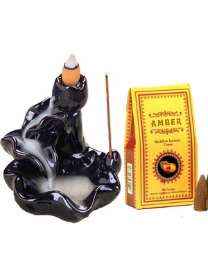 İyi Bi Fikir Geri Akışlı Seramik Şelale Tütsülük Oda Kokusu ve 10 Adet Ayurvedic Geri Akışlı Tütsü Seti Amber