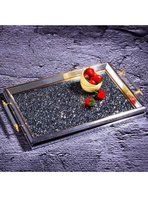 Kosova GA-585 Taşlı Dikdörtgen Tepsi Gümüş-Altın-Siyah 50*31