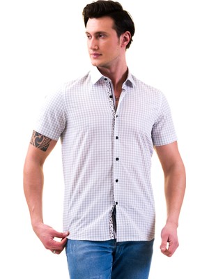 Exve Exclusive Beyaz ve Buz Mavisi Ekose Kareli Göğüs Pat Detaylı Slim Fit Kısa Kollu Pamuk Gömlek