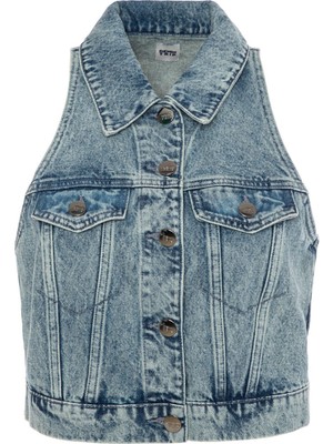 Denim Trip Indigo Kadın Yelek DT10273 Slim Fit Orta Indigo Crop K
