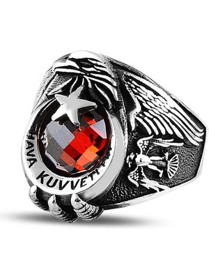 Gumush Gümüş Ayyıldız Hava Kuvvetleri Kırmızı Taşlı Erkek Yüzük