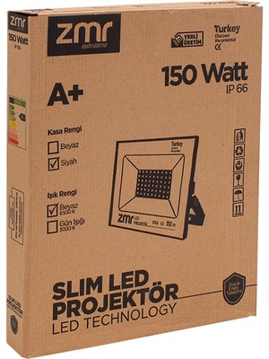 Gizzodo Zmr 150 Watt Beyaz 6500K IP66 150* Işık Açısı 220 Volt Siyah Slim Kasa LED Projektör