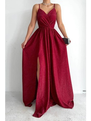 Deafox Kırmızı Kruvaze Yaka Simli Kumaş Uzun Abiye Elbise