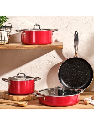 Emsan Master Class Derin Tencere Seti Granit Kaplama Kırmızı 7 Parça 18-22-26 cm