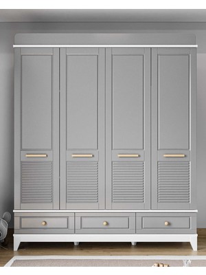 Ilknur Bebe Bergama Gri 4 Kapılı 3 Çekmeceli Dolap 182X50CM, Bebek Çocuk Genç Odası Gardırop, Mdf Lake Kapaklı