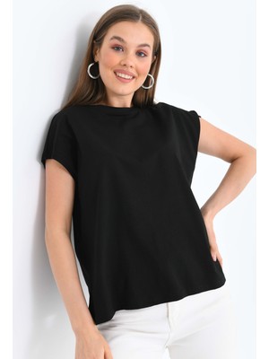 Moviment Kadın Siyah Düşük Kol Pamuklu Örme T-Shirt