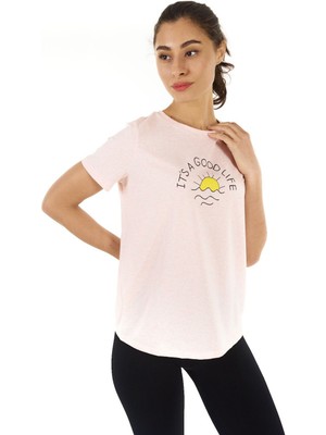 Defy's Kadın Bisiklet Yaka Kısa Kollu Regular Fit Baskılı Tişört Pembe Melanj