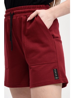 Defy's Kadın Beli Lastikli Cepli Etiket Detaylı Regular Fit Şort Bordo