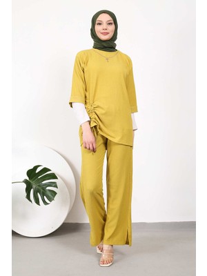 Yağ Yeşili Önden Büzgülü Kolyeli Bürümcük Takım