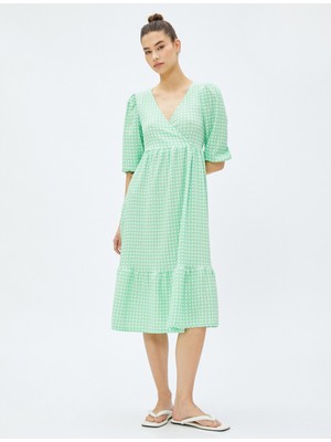 Koton Midi Elbise Balon Kollu V Yaka Anvelop Fırfırlı