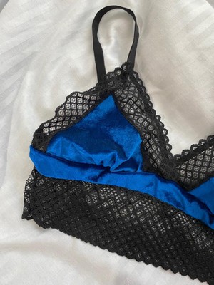 Mj Butik Mavi Kadife Dantelli  Bralette Takım