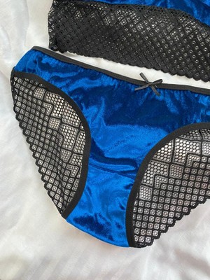 Mj Butik Mavi Kadife Dantelli  Bralette Takım