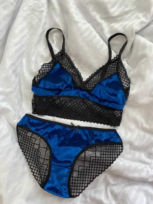 Mj Butik Mavi Kadife Dantelli  Bralette Takım