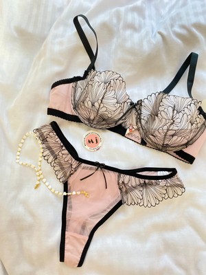 Mj Butik Lola Pudra Pembe Çiçekli Bralette Takım